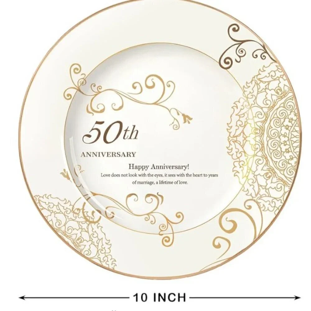 50TH ANNIVERSARY WEDDING PLATE, PORCELAIN GOLD PLATE WITH STAND 10 INCH